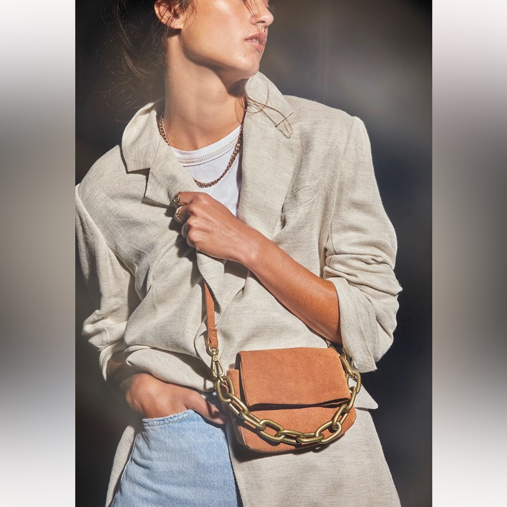 Free People Tan Crossbody Bag with Gold Chain